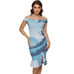 Swan Flying Bird Wings Waves Grass Off Shoulder Ruffle Split Hem Bodycon Dress