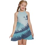 Swan Flying Bird Wings Waves Grass Kids  Halter Collar Waist Tie Chiffon Dress