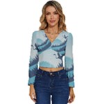 Swan Flying Bird Wings Waves Grass Long Sleeve V-Neck Top