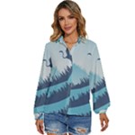 Swan Flying Bird Wings Waves Grass Women s Long Sleeve Button Up Shirt