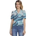 Swan Flying Bird Wings Waves Grass Puffed Short Sleeve Button Up Jacket