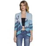 Swan Flying Bird Wings Waves Grass Women s 3/4 Sleeve Ruffle Edge Open Front Jacket
