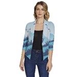 Swan Flying Bird Wings Waves Grass Women s Draped Front 3/4 Sleeve Shawl Collar Jacket