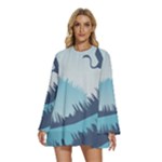 Swan Flying Bird Wings Waves Grass Round Neck Long Sleeve Bohemian Style Chiffon Mini Dress