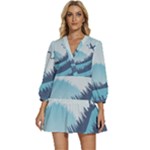 Swan Flying Bird Wings Waves Grass V-Neck Placket Mini Dress