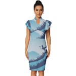 Swan Flying Bird Wings Waves Grass Vintage Frill Sleeve V-Neck Bodycon Dress