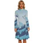 Swan Flying Bird Wings Waves Grass Long Sleeve Shirt Collar A-Line Dress