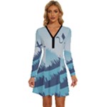 Swan Flying Bird Wings Waves Grass Long Sleeve Deep V Mini Dress 