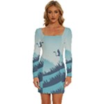 Swan Flying Bird Wings Waves Grass Long Sleeve Square Neck Bodycon Velvet Dress