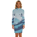 Swan Flying Bird Wings Waves Grass Long Sleeve Shirt Collar Bodycon Dress