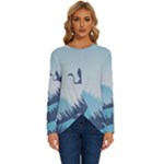 Swan Flying Bird Wings Waves Grass Long Sleeve Crew Neck Pullover Top