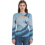 Swan Flying Bird Wings Waves Grass Women s Cut Out Long Sleeve T-Shirt