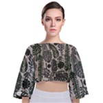 Plants Leaves Boho Botany Foliage Tie Back Butterfly Sleeve Chiffon Top