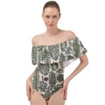 Plants Leaves Boho Botany Foliage Off Shoulder Velour Bodysuit 