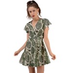 Plants Leaves Boho Botany Foliage Flutter Sleeve Wrap Dress