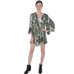 Plants Leaves Boho Botany Foliage V-Neck Flare Sleeve Mini Dress