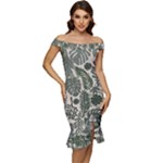 Plants Leaves Boho Botany Foliage Off Shoulder Ruffle Split Hem Bodycon Dress