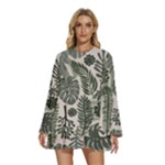 Plants Leaves Boho Botany Foliage Round Neck Long Sleeve Bohemian Style Chiffon Mini Dress