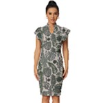 Plants Leaves Boho Botany Foliage Vintage Frill Sleeve V-Neck Bodycon Dress