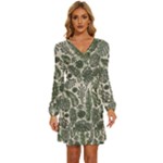 Plants Leaves Boho Botany Foliage Long Sleeve Waist Tie Ruffle Velvet Dress