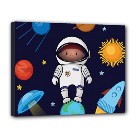 Boy Spaceman Space Rocket Ufo Planets Stars Canvas 14  x 11  (Stretched) from ArtsNow.com