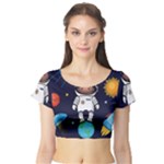Boy Spaceman Space Rocket Ufo Planets Stars Short Sleeve Crop Top
