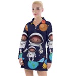 Boy Spaceman Space Rocket Ufo Planets Stars Women s Long Sleeve Casual Dress