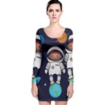 Boy Spaceman Space Rocket Ufo Planets Stars Long Sleeve Velvet Bodycon Dress