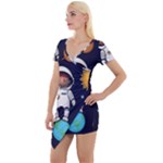 Boy Spaceman Space Rocket Ufo Planets Stars Short Sleeve Asymmetric Mini Dress