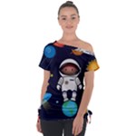 Boy Spaceman Space Rocket Ufo Planets Stars Off Shoulder Tie-Up T-Shirt