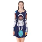Boy Spaceman Space Rocket Ufo Planets Stars Long Sleeve V-neck Flare Dress