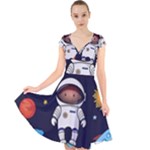 Boy Spaceman Space Rocket Ufo Planets Stars Cap Sleeve Front Wrap Midi Dress