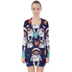 Boy Spaceman Space Rocket Ufo Planets Stars V-neck Bodycon Long Sleeve Dress