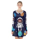 Boy Spaceman Space Rocket Ufo Planets Stars Long Sleeve Velvet V-neck Dress
