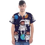 Boy Spaceman Space Rocket Ufo Planets Stars Men s V-Neck Scrub Top