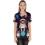 Boy Spaceman Space Rocket Ufo Planets Stars Women s V-Neck Scrub Top