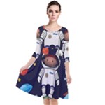 Boy Spaceman Space Rocket Ufo Planets Stars Quarter Sleeve Waist Band Dress
