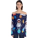 Boy Spaceman Space Rocket Ufo Planets Stars Off Shoulder Long Sleeve Top