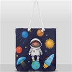 Boy Spaceman Space Rocket Ufo Planets Stars Full Print Rope Handle Tote (Large)