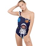 Boy Spaceman Space Rocket Ufo Planets Stars Frilly One Shoulder Swimsuit