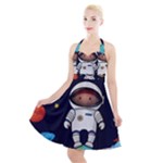 Boy Spaceman Space Rocket Ufo Planets Stars Halter Party Swing Dress 