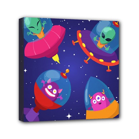Cartoon Funny Aliens With Ufo Duck Starry Sky Set Mini Canvas 6  x 6  (Stretched) from ArtsNow.com