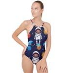 Boy Spaceman Space Rocket Ufo Planets Stars High Neck One Piece Swimsuit