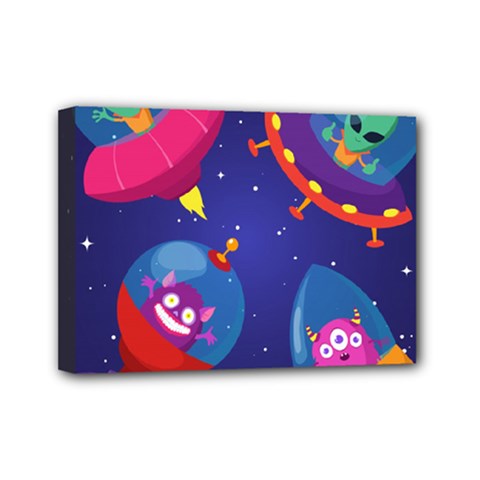 Cartoon Funny Aliens With Ufo Duck Starry Sky Set Mini Canvas 7  x 5  (Stretched) from ArtsNow.com