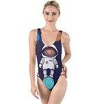 Boy Spaceman Space Rocket Ufo Planets Stars High Leg Strappy Swimsuit