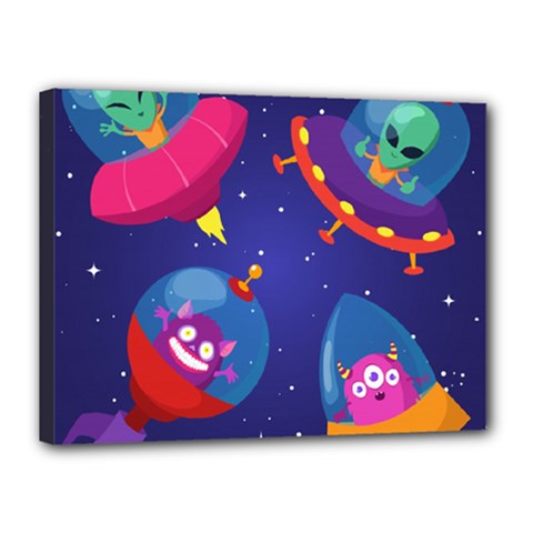Cartoon Funny Aliens With Ufo Duck Starry Sky Set Canvas 16  x 12  (Stretched) from ArtsNow.com
