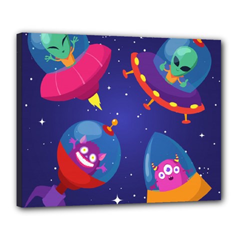 Cartoon Funny Aliens With Ufo Duck Starry Sky Set Canvas 20  x 16  (Stretched) from ArtsNow.com