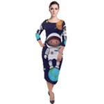 Boy Spaceman Space Rocket Ufo Planets Stars Quarter Sleeve Midi Velour Bodycon Dress
