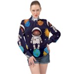 Boy Spaceman Space Rocket Ufo Planets Stars High Neck Long Sleeve Chiffon Top