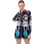 Boy Spaceman Space Rocket Ufo Planets Stars Long Sleeve Satin Shirt